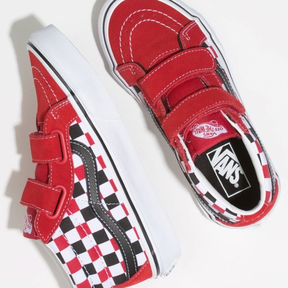 VANS Red, Black, White Checkerboard Velcro Sneakers - Picture 3 of 5